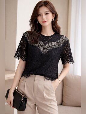 Sandro Black Lace Embellished with Sleeve Blouse